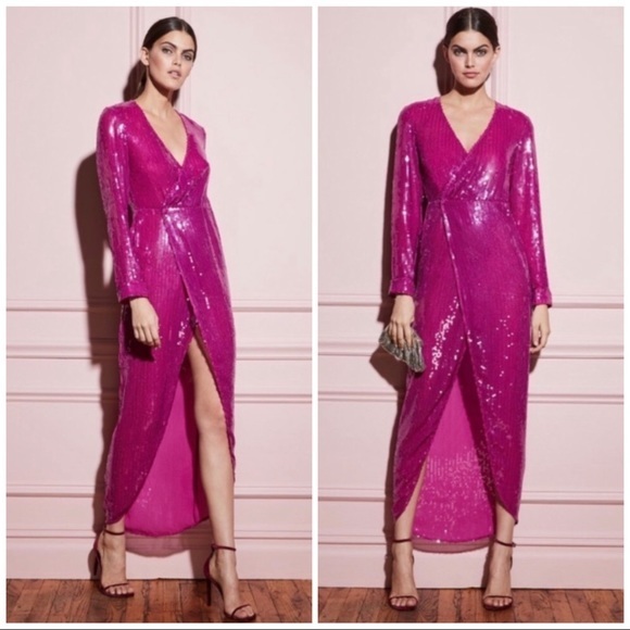 💛 Fleur Du Mal Designer Pink Sequin Wrap Gown With Thigh Slit And Long Sleeves - Picture 1 of 15